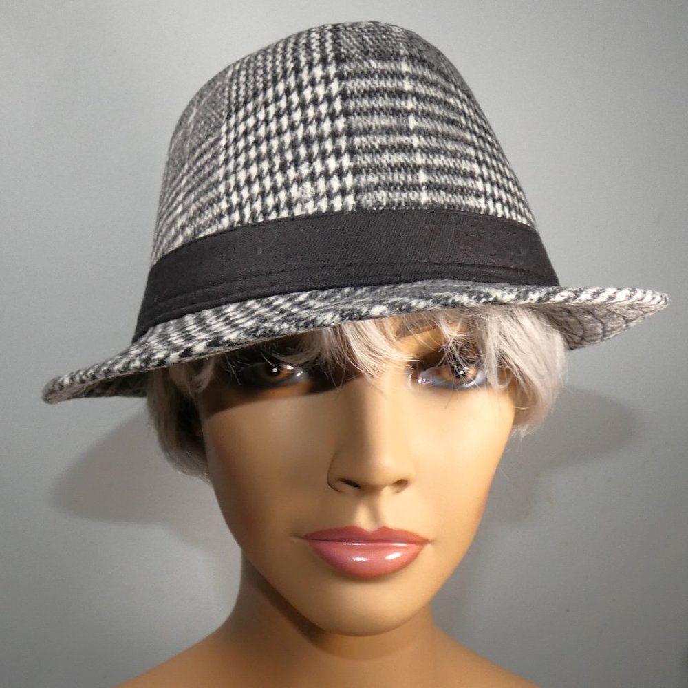 Rolled Brim Jazz Fedora Tribly Felt Cap Hat Gray Black Plaid